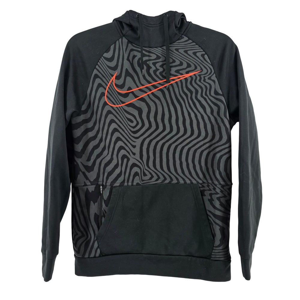 Nike Dri-FIT Mens Small Black Grey Wave Pattern Training Hoodie Sweatshirt